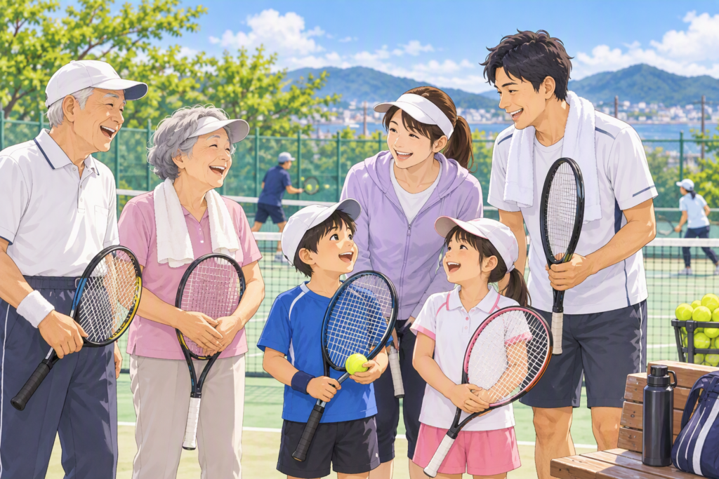 親子と祖父母が一緒にテニスを楽しむ家族のイラスト