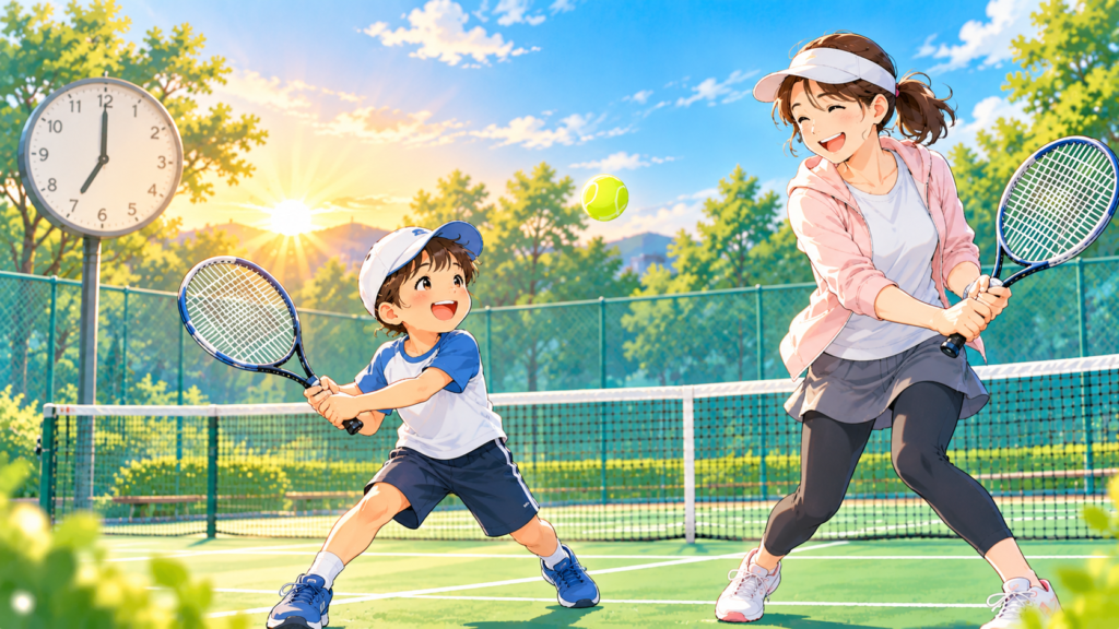 土曜の朝7時に親子でテニスを楽しみ休日を有効活用するイラスト