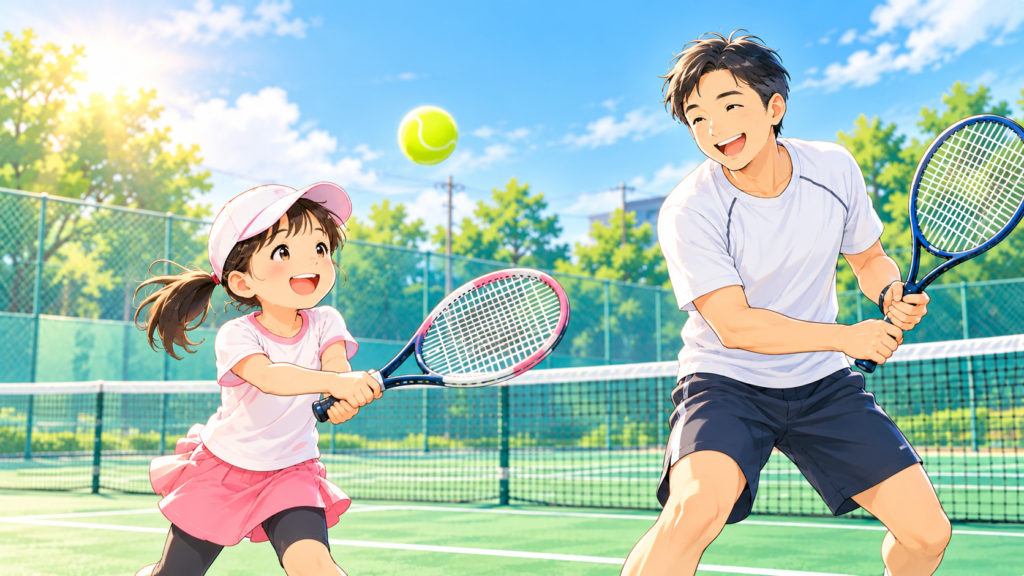 鎌ケ谷市で親子テニスを楽しむ親と子どものイラスト
